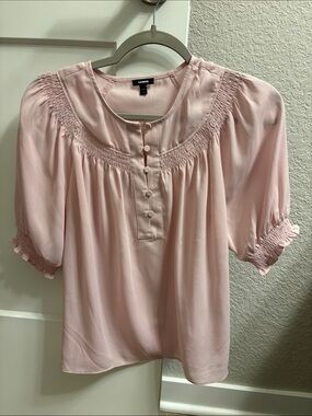Express Light Pink Smocked Button-Front Blouse